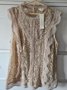 Adiva Dusty Tan Lace Mock Neck Top